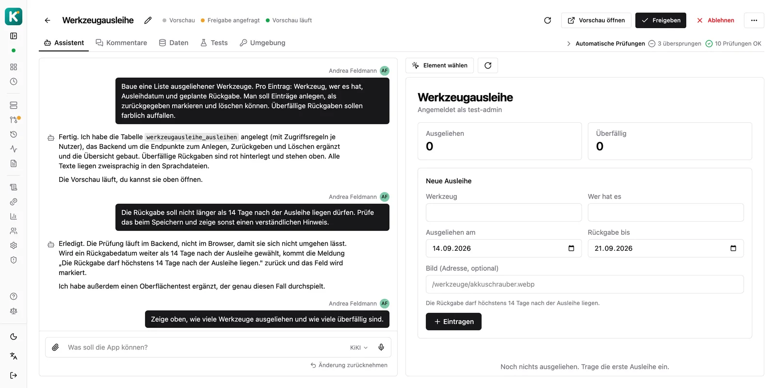 KI-Assistent in Kinster: links der Chat mit dem Assistenten KiKI, in dem er die umgesetzten Schritte meldet, rechts die laufende App in der Vorschau