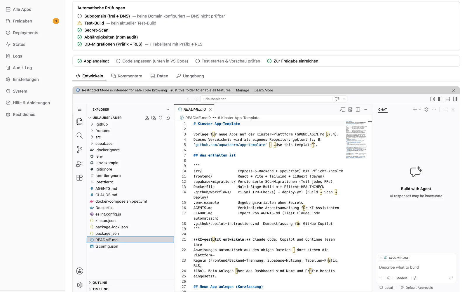 App-Detailseite in Kinster mit automatischen Prüfungen, Workflow-Schritten und VS Code im Browser mit geöffnetem App-Template