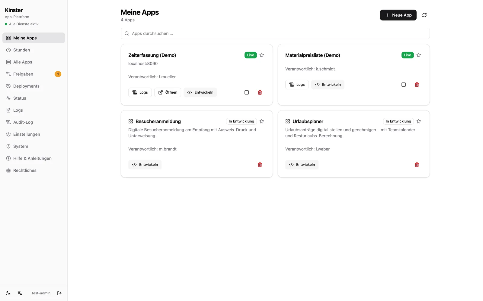 Kinster-Dashboard: App-Übersicht mit Live-Apps und Apps in Entwicklung, Statusanzeige aller Dienste und Freigabe-Benachrichtigung