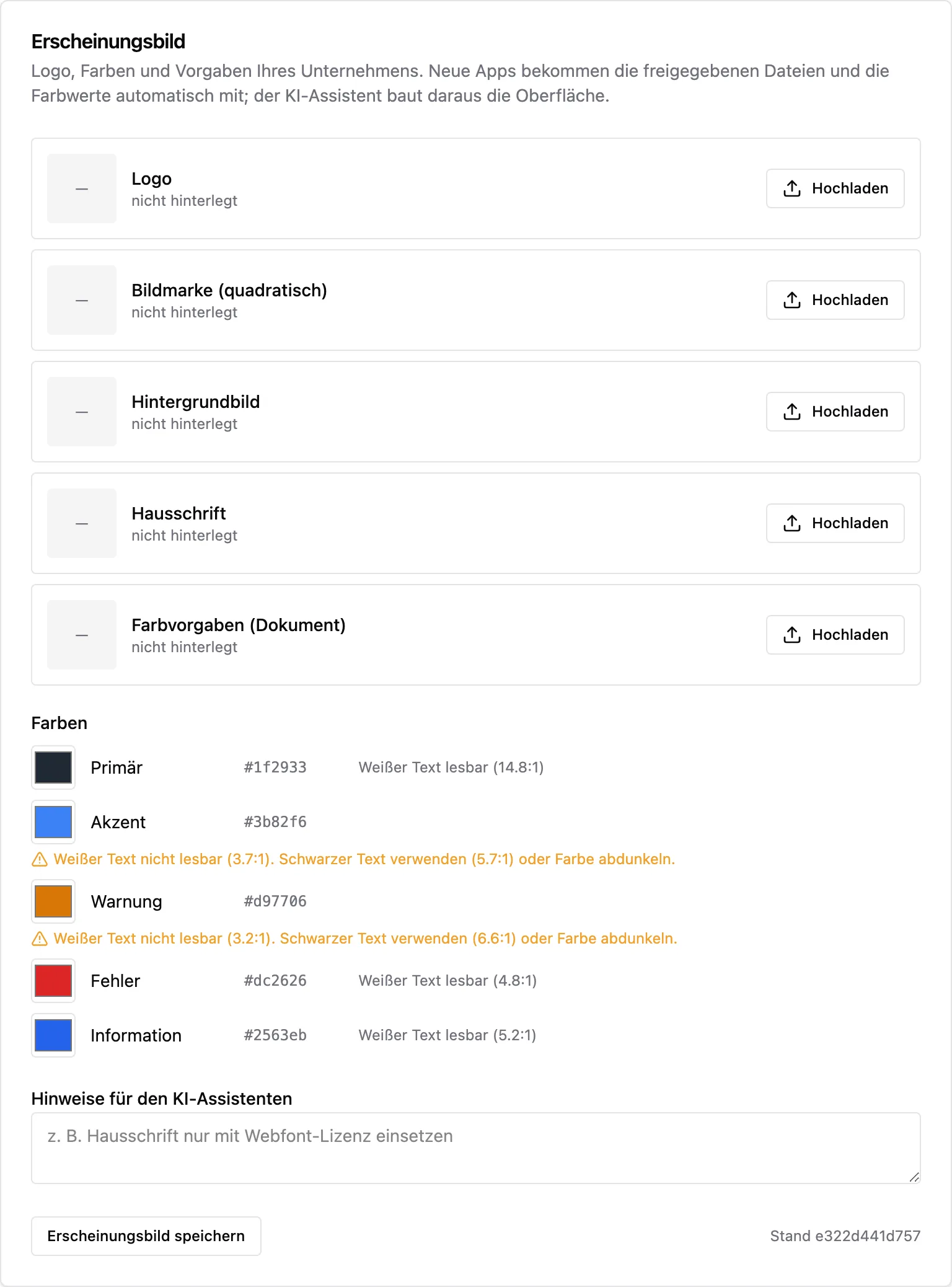 Einstellungen „Erscheinungsbild“ in Kinster: Logo, Bildmarke, Hintergrundbild, Hausschrift und Farbvorgaben mit WCAG-Kontrastprüfung je Farbwert