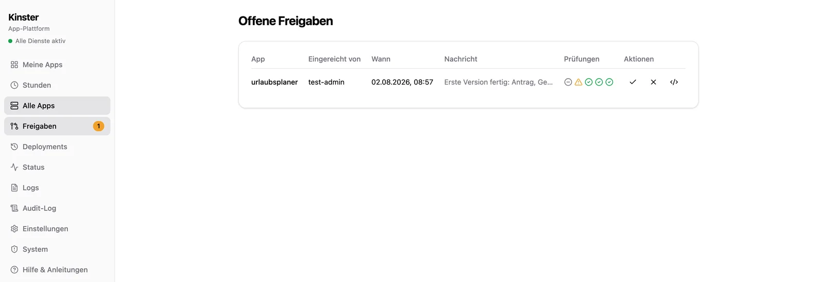 Freigaben-Ansicht in Kinster: eingereichte App mit Ergebnis der automatischen Prüfungen und Aktionen zum Freigeben oder Ablehnen