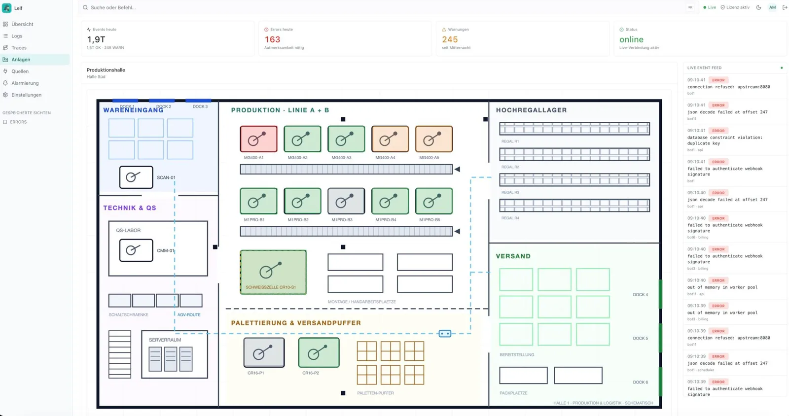 Live floor plan in Leif with a status marker per robot: green, yellow and red
