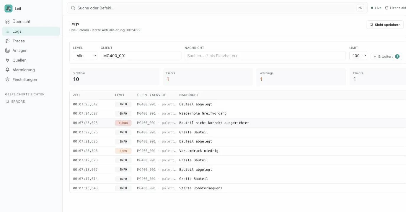 Live logs from a Dobot MG400 in the Leif log server, filtered by level and robot