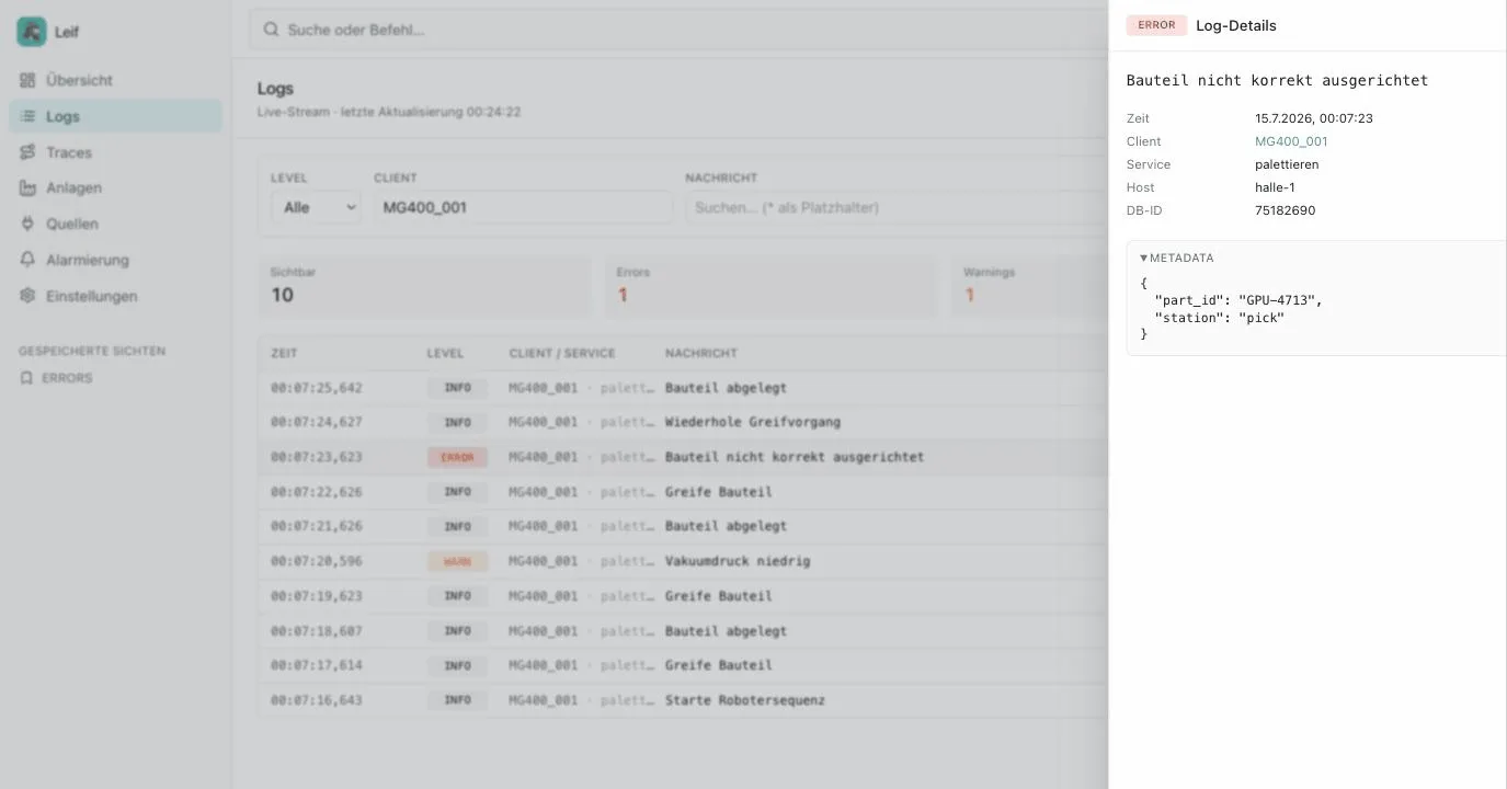 Log detail view in Leif with metadata of a Dobot robot