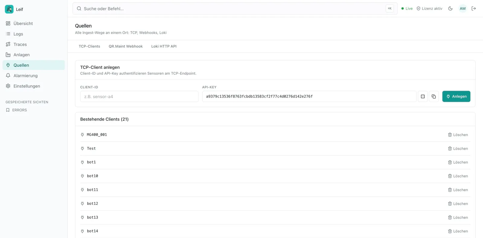 Leif admin panel: creating a TCP client with client ID and API key