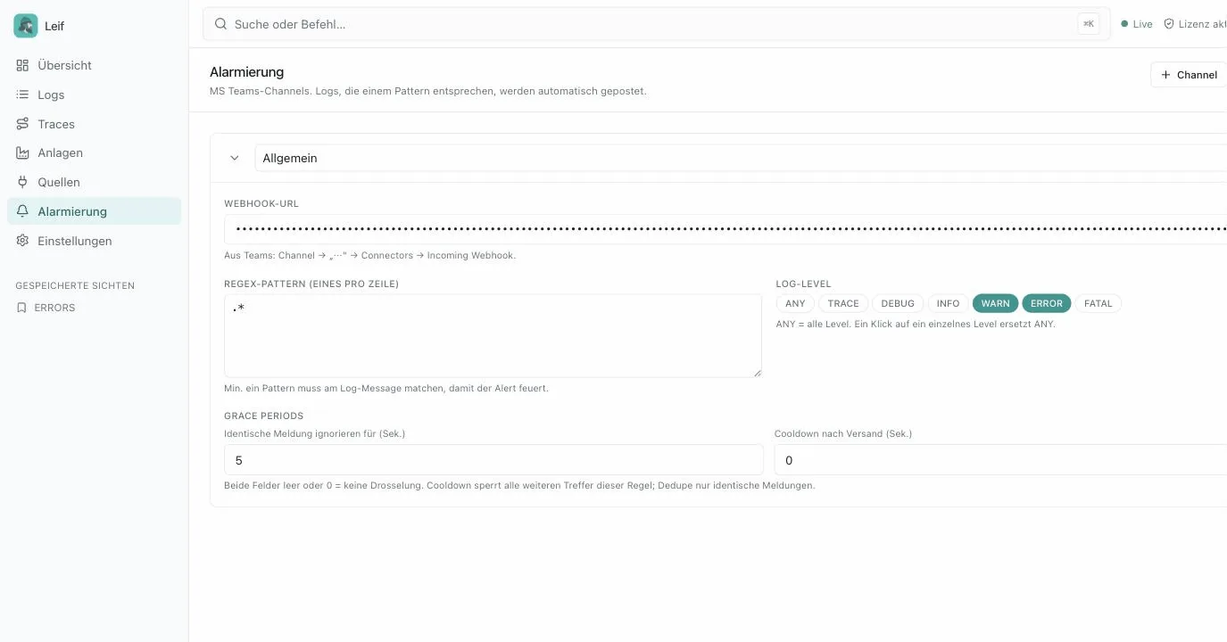 Leif alerting in Microsoft Teams with regex patterns and a grace period per channel